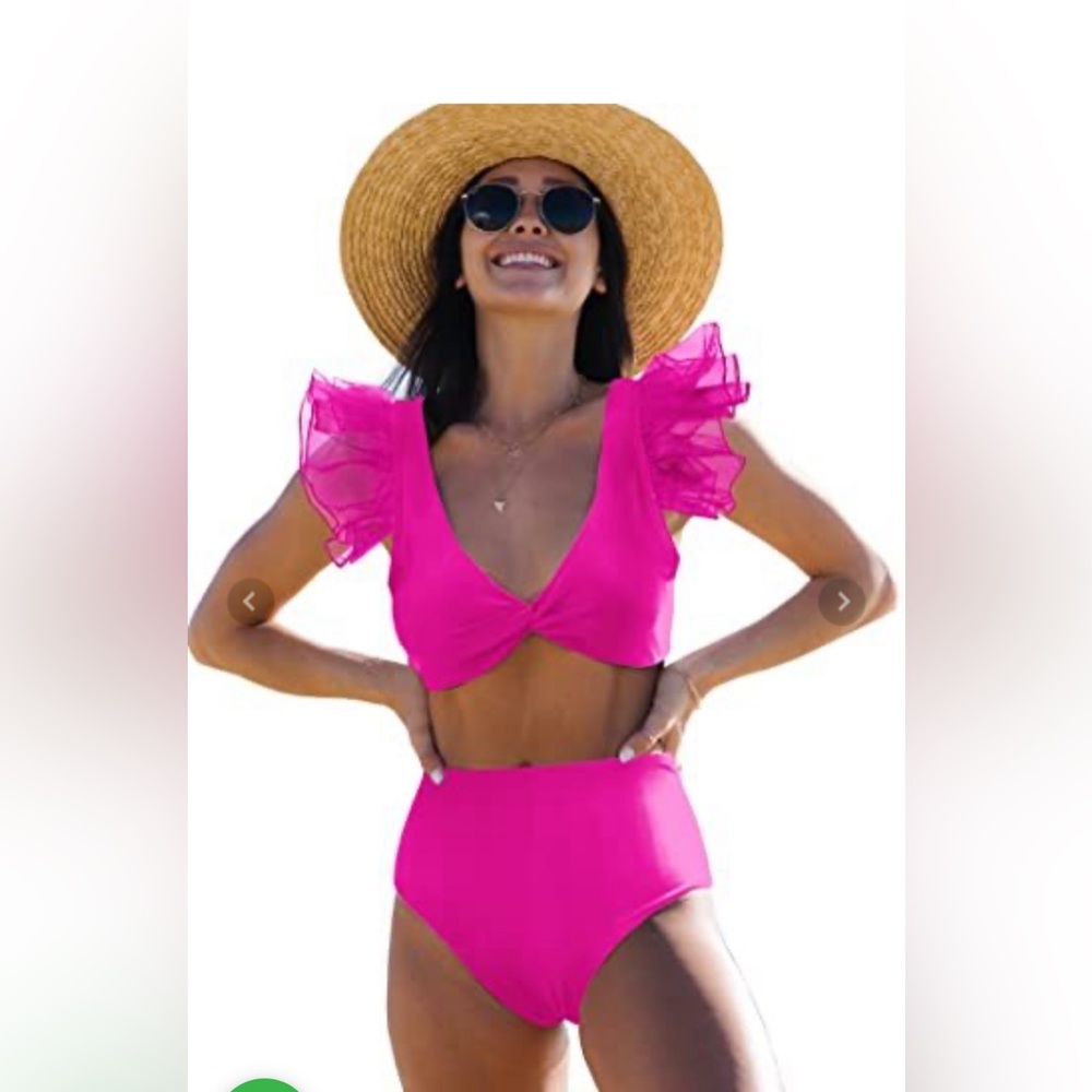 Women High Waisted Swimsuit Organza Ruffle Bikini Twist Front Bathing Suit S